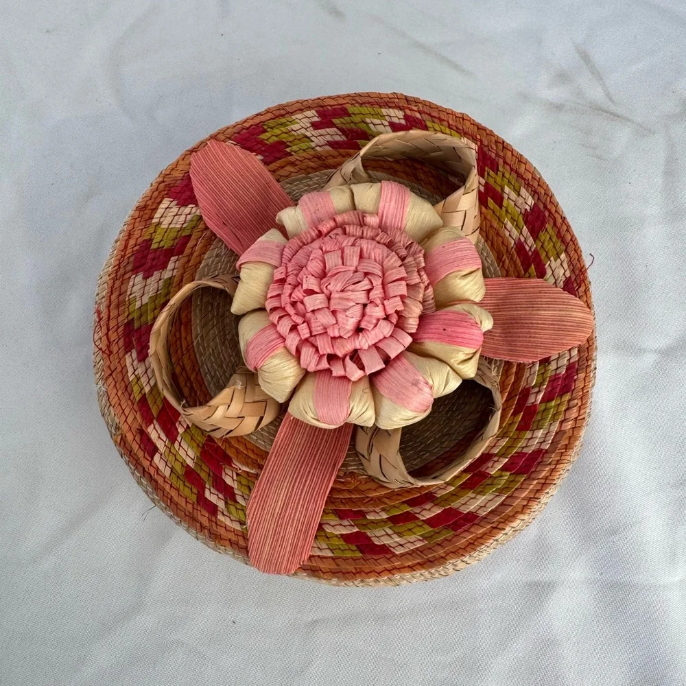 Handcrafted Pink and Tan Woven Basket / tortilla basket